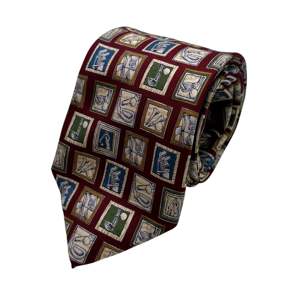 Lands' End Mens Necktie Burgundy OS Golf Novelty Print 100% Silk Long Handsewn